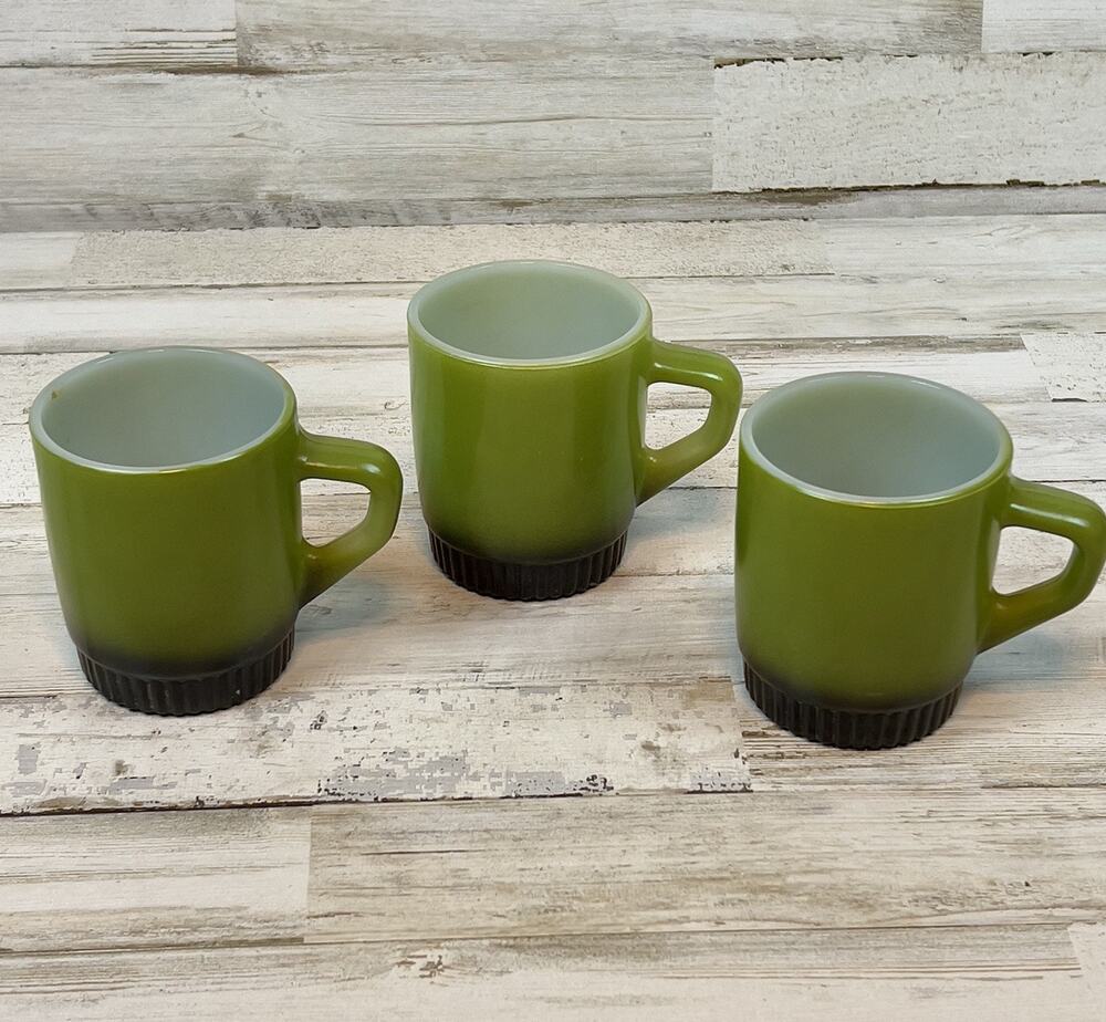 3 Vtg. Fire King Anchor Hocking Avocado Green Coffee Mug Vintage Stackable Cups